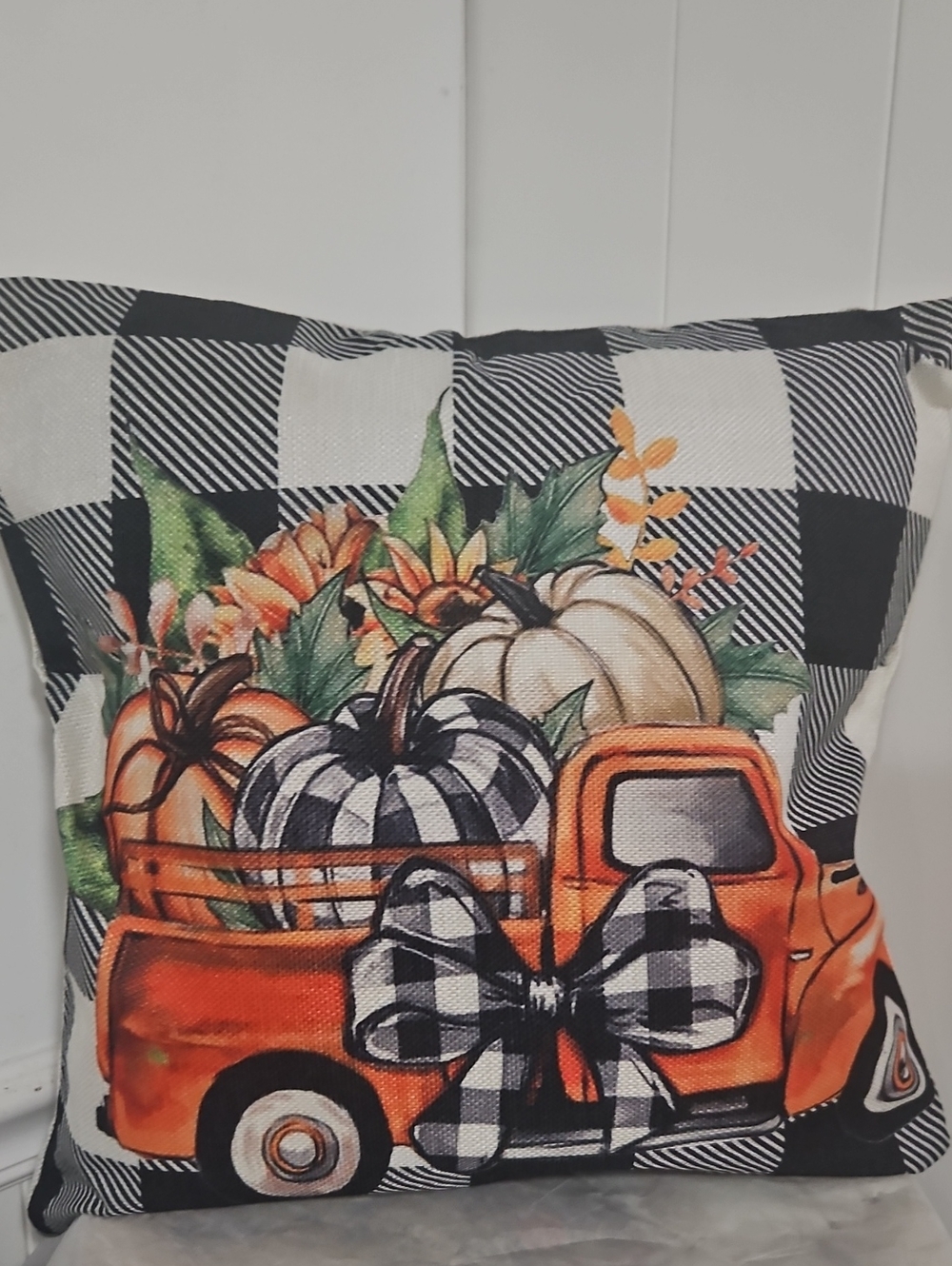 Seasonal Orange Truck Decorative Throw Pillow with Plaid Pumpkins